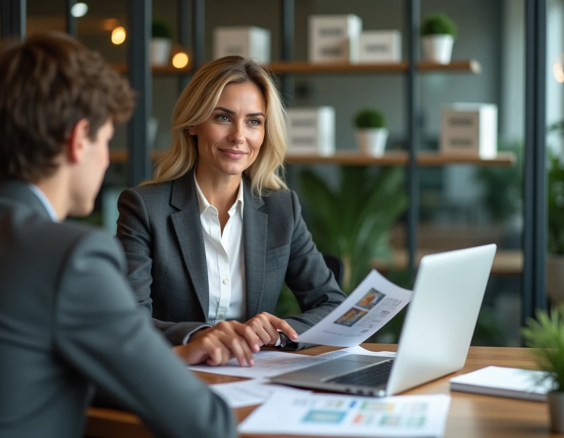 Agent immobilière en costume gris conseillant un acheteur dans une agence immobilière moderne avec des documents et des annonces en ligne