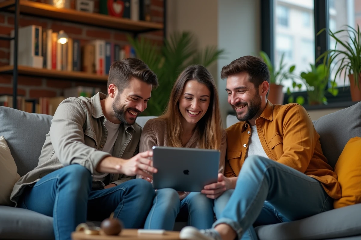 Trois amis regardant une tablette dans un appartement urbain