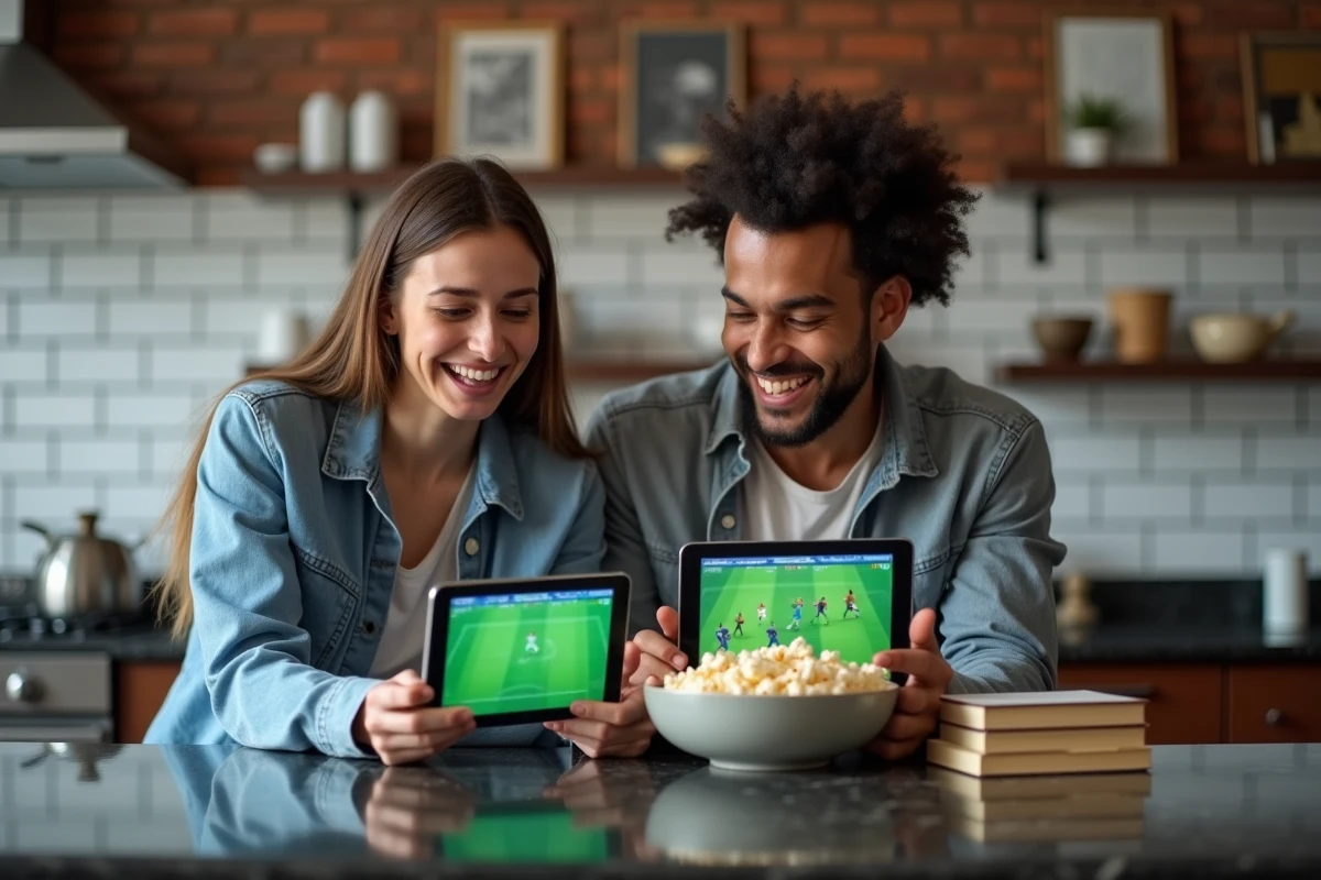 Deux amis regardant ensemble un match en streaming sur une tablette dans une cuisine moderne