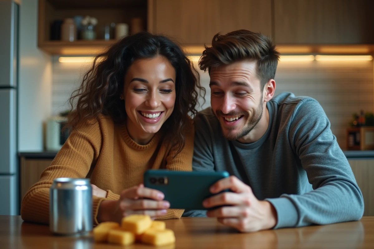 Deux amis regardant un événement sportif en direct sur smartphone dans une cuisine