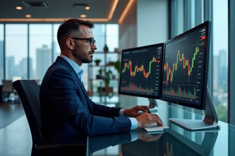 Homme d'affaires analysant des graphiques boursiers sur double écran dans un bureau moderne en 2024