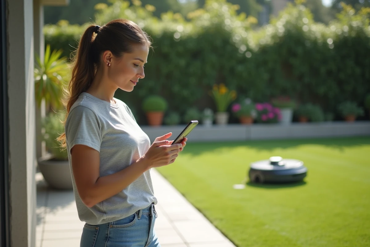 Femme consultant l'application de gestion d'un robot tondeuse sur smartphone dans son jardin avec la station de charge visible