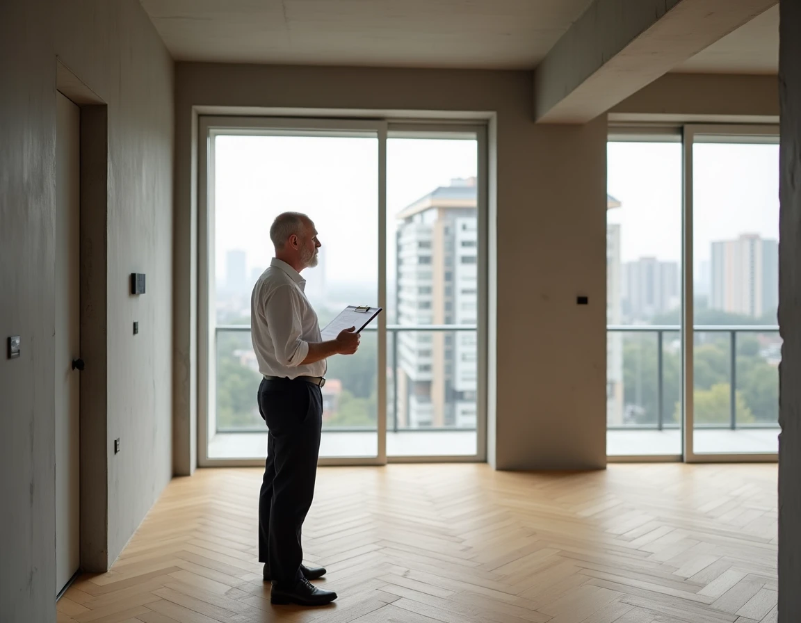 Architecte inspectant un appartement rénové vide avec parquet en chêne et murs en béton brut donnant sur un paysage urbain
