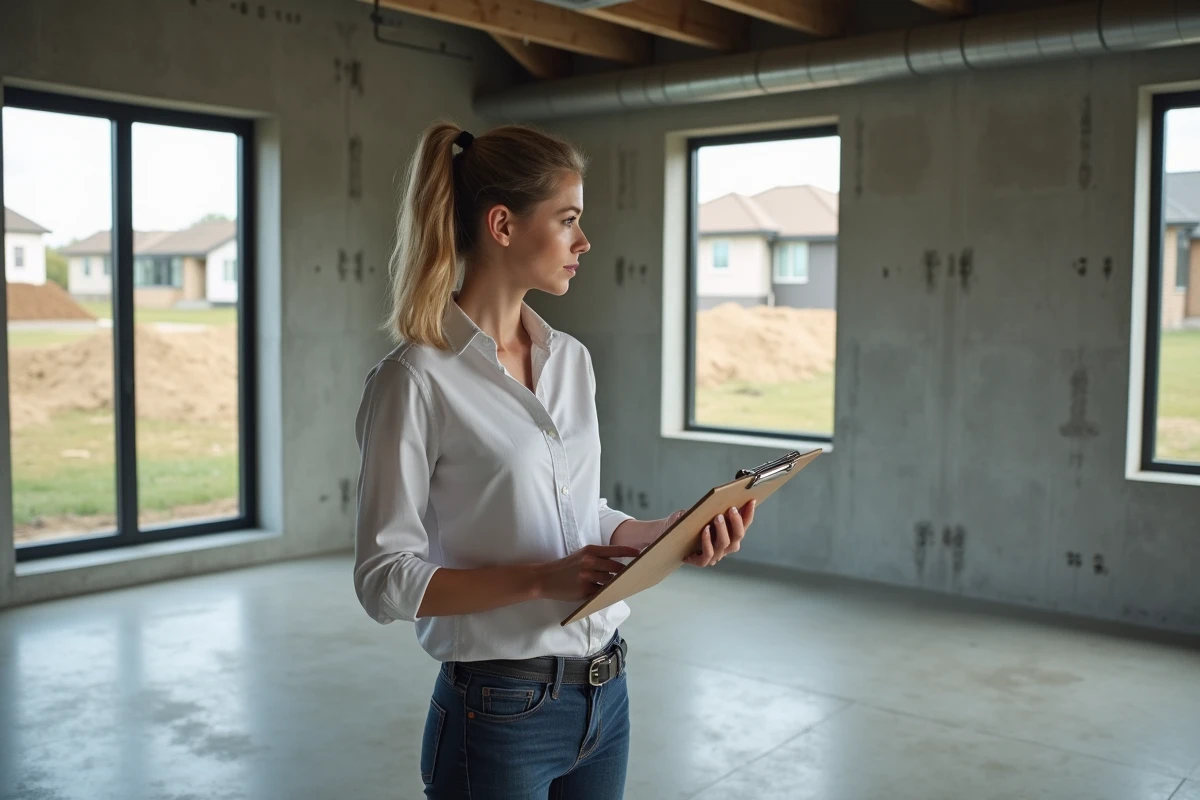 Jeune architecte examinant des plans dans une maison en construction