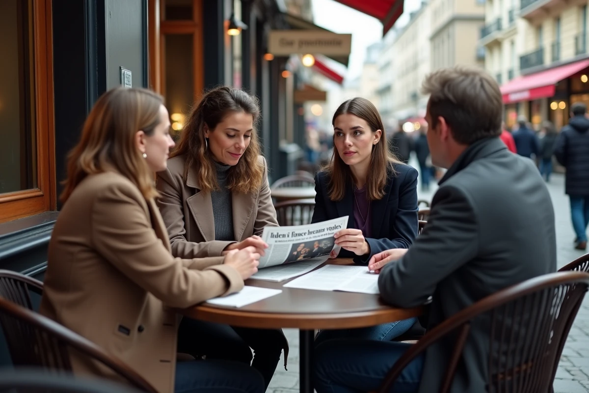 Groupe de citoyens français discutant dans un café parisien