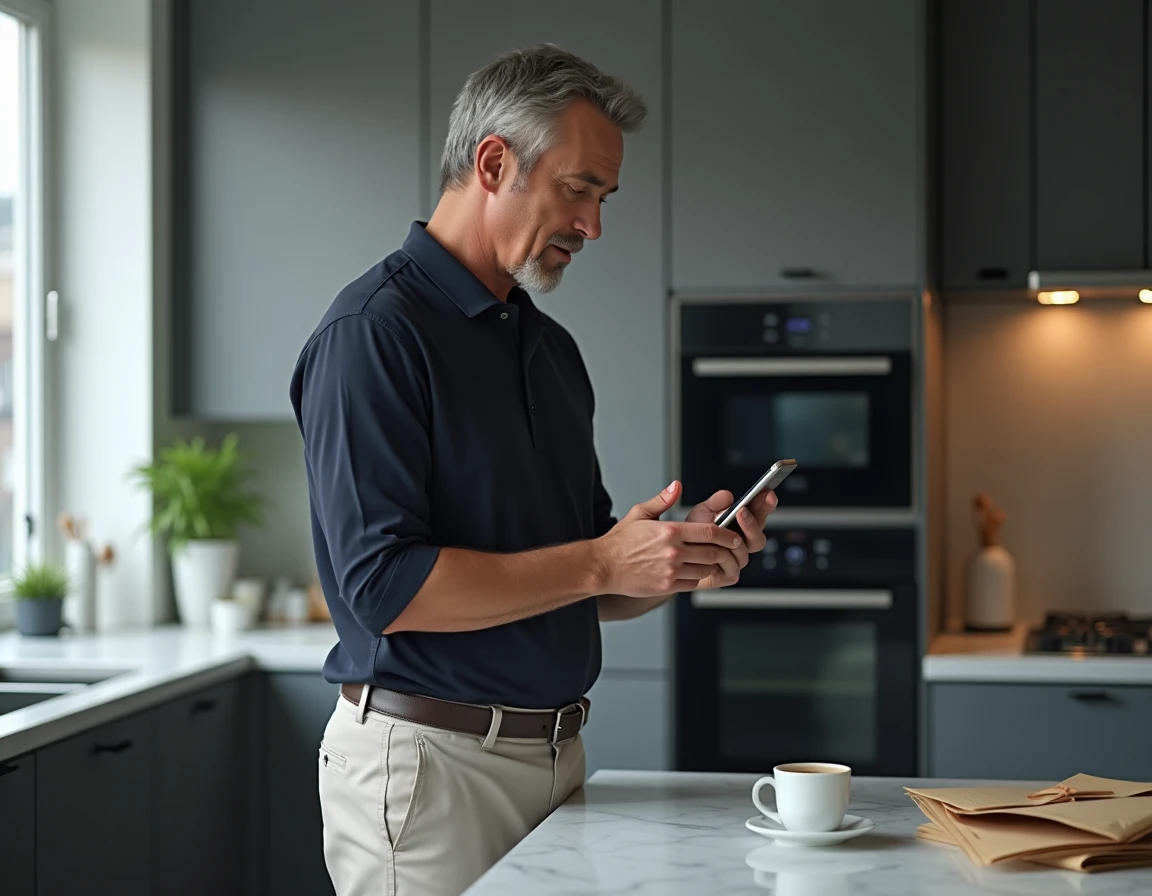 Homme consultant son application mobile d'assurance pour suivre l'état de son sinistre et ses remboursements depuis sa cuisine