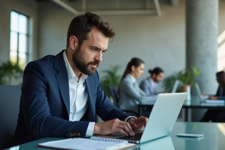 Homme en blazer navy rédigeant un message stratégique sur un ordinateur portable pour contacter une personnalité influente