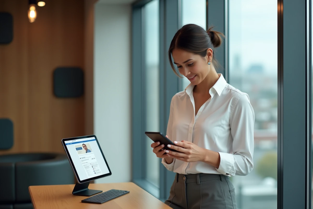 Femme professionnelle consultant les réseaux sociaux sur smartphone pour trouver comment joindre Elon Musk
