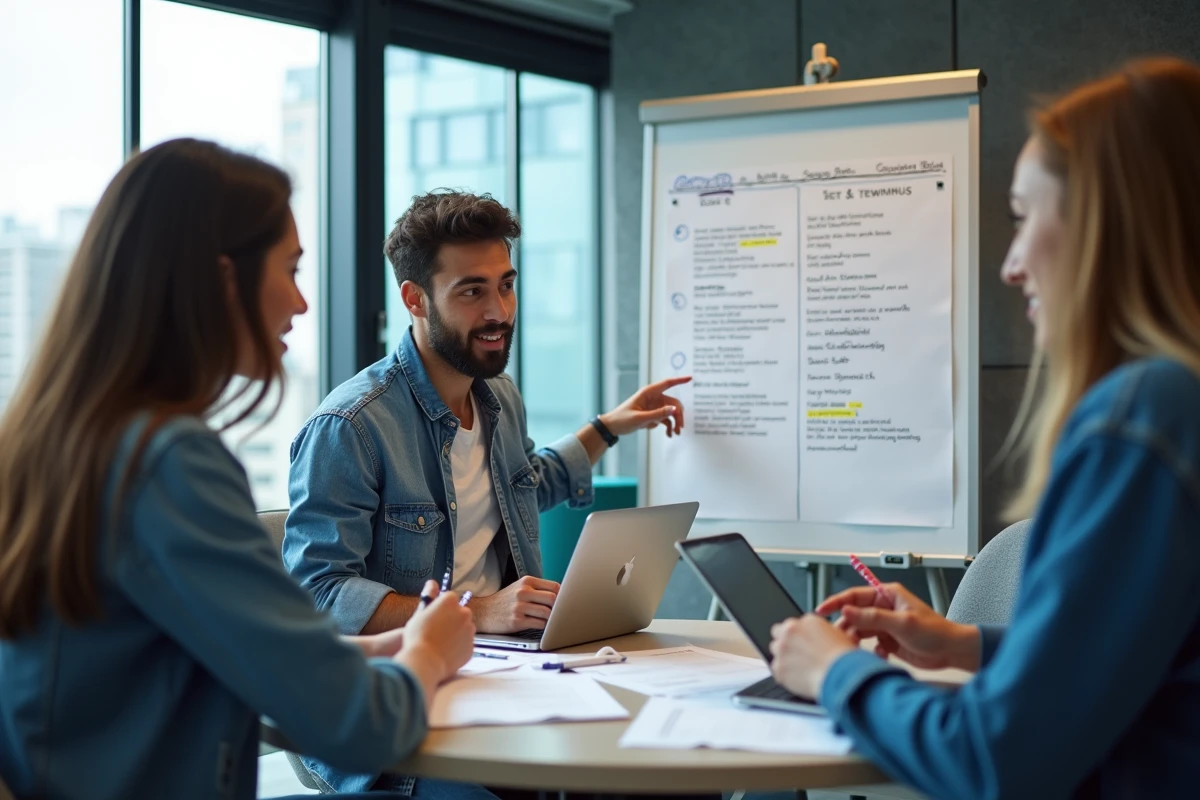 Équipe de jeunes entrepreneurs élaborant une stratégie pour attirer l'attention d'Elon Musk lors d'une réunion de travail