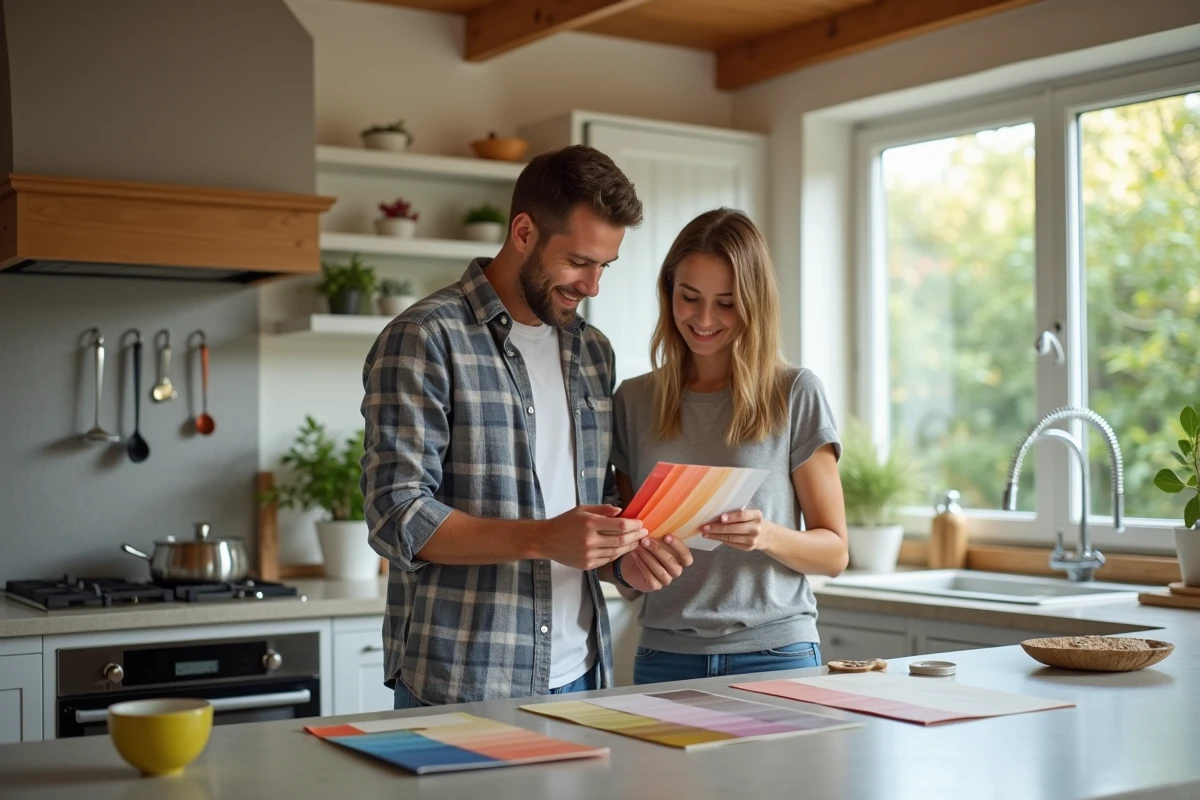 Jeune couple examinant des échantillons de peinture dans la cuisine
