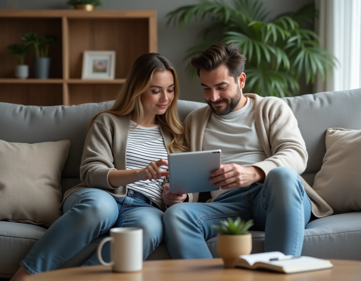 Couple consultant ensemble un portail d'assurance en ligne sur une tablette pour gérer leurs sinistres et suivre leurs remboursements depuis leur salon