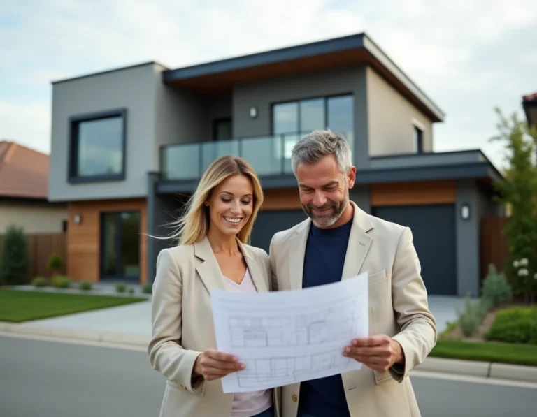 Couple examinant des plans architecturaux devant une maison moderne à vendre dans un quartier résidentiel calme