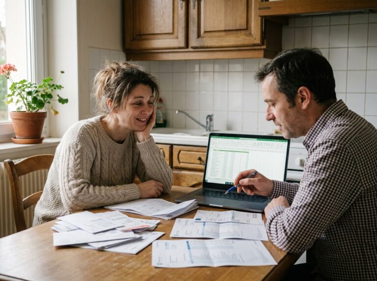 Couple examinant des documents financiers pour un rachat de crédits à la table de leur cuisine