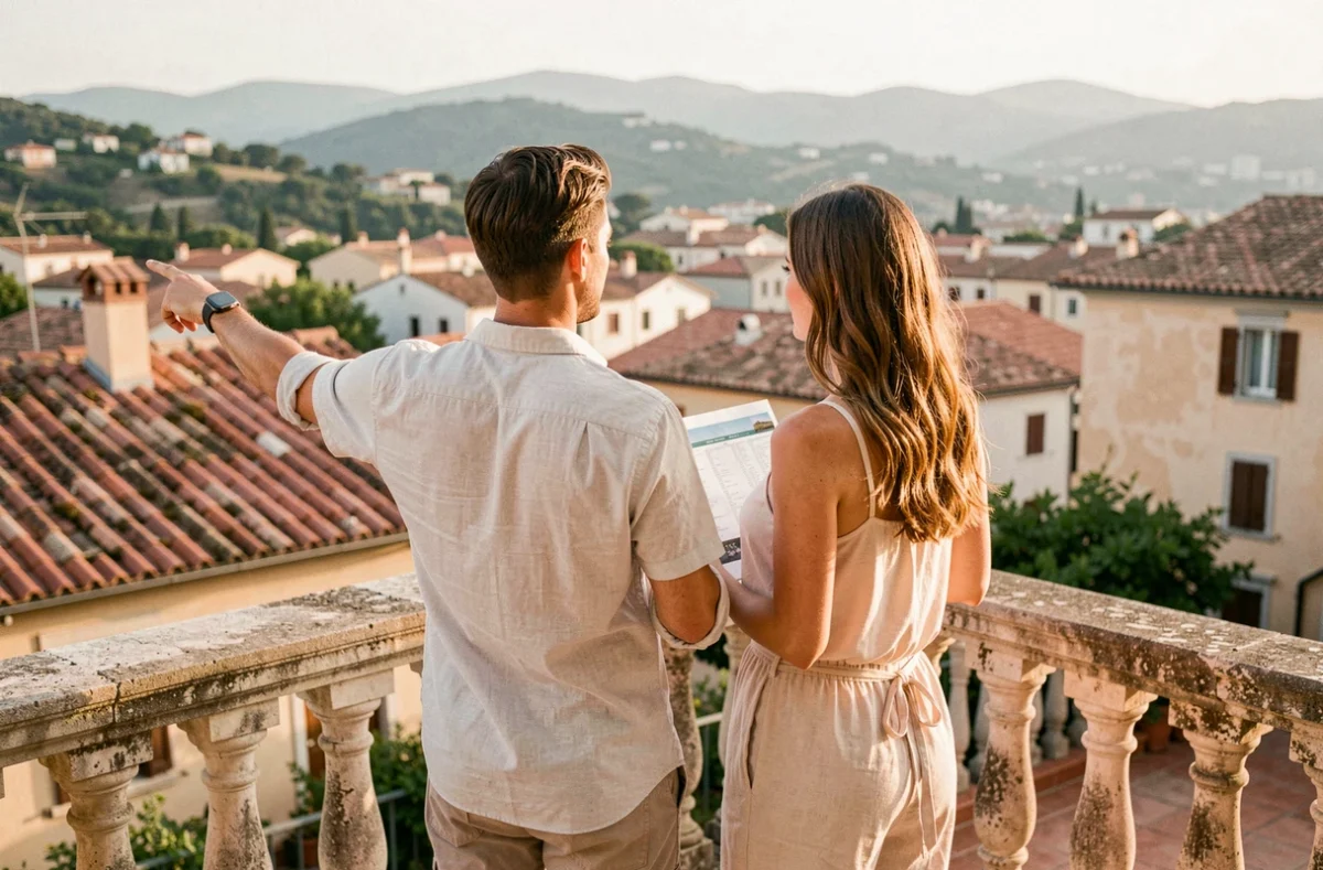 Couple de voyageurs profitant de la terrasse d'une location de vacances avec vue sur les toits méditerranéens