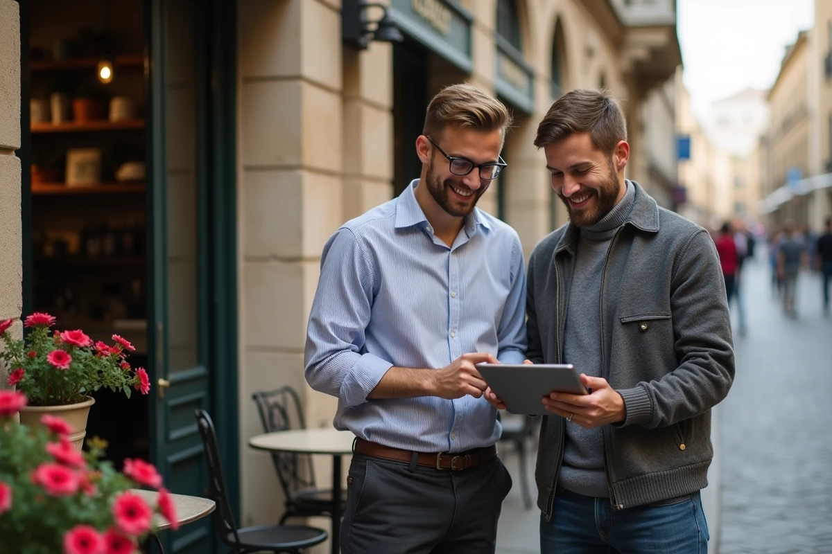 Deux hommes analysant des données devant un café
