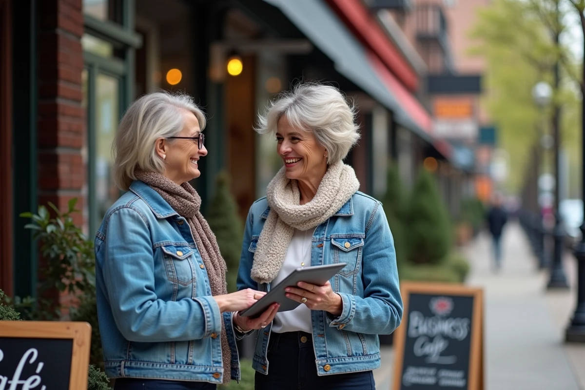 Deux femmes discutant business devant un panneau café en ville