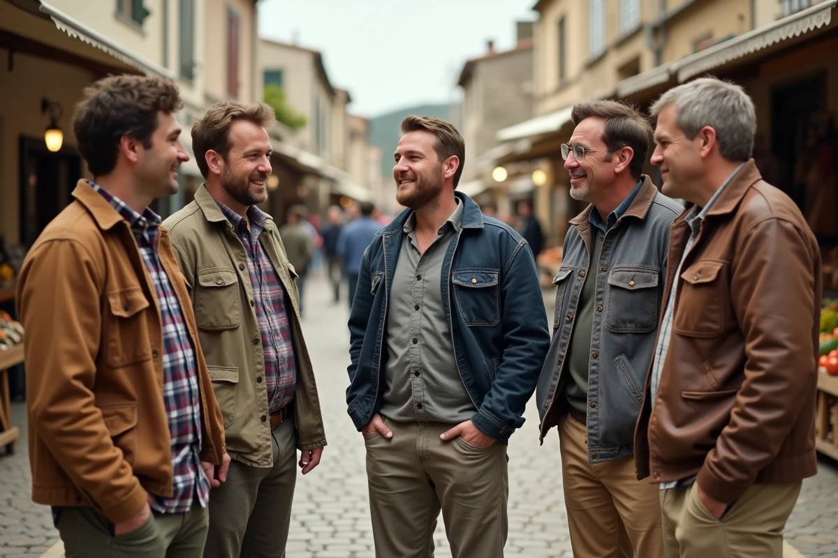 Groupe d'hommes adultes de tailles différentes réunis dans un marché provençal, illustrant la diversité de la taille masculine selon les régions françaises