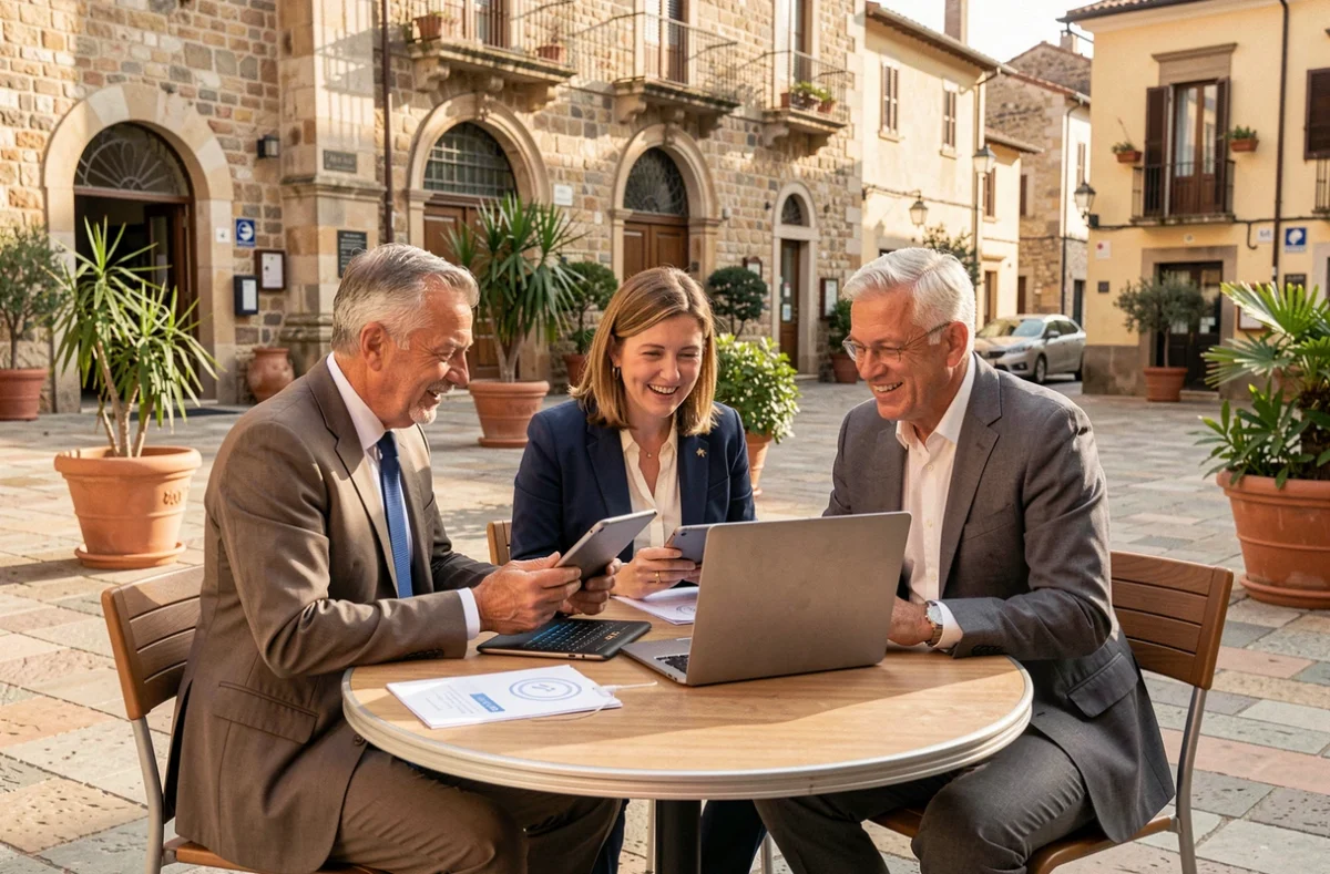 Élus et agents territoriaux collaborant autour de tablettes numériques en plein air sur une place de ville pour un projet de smart city