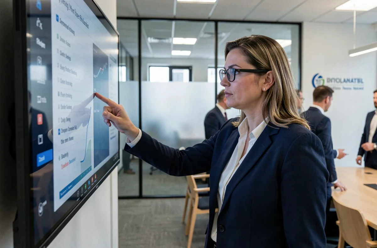 Employée municipale consultant des données numériques sur un écran tactile dans une salle de réunion moderne d'une collectivité territoriale