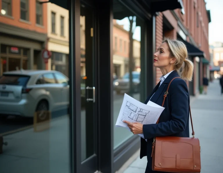 Femme entrepreneur évaluant un local commercial vide en milieu urbain pour y installer son entreprise