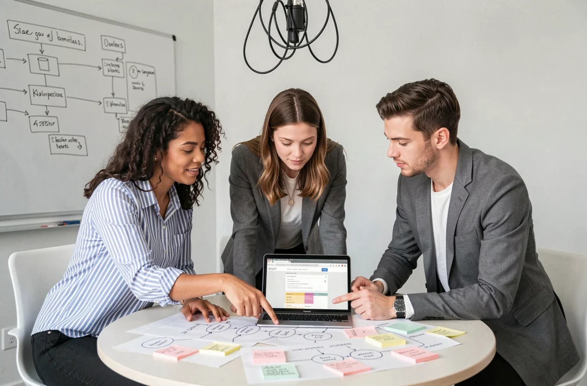 Équipe de jeunes professionnels collaborant sur une stratégie de conception web et des tendances numériques en salle de réunion