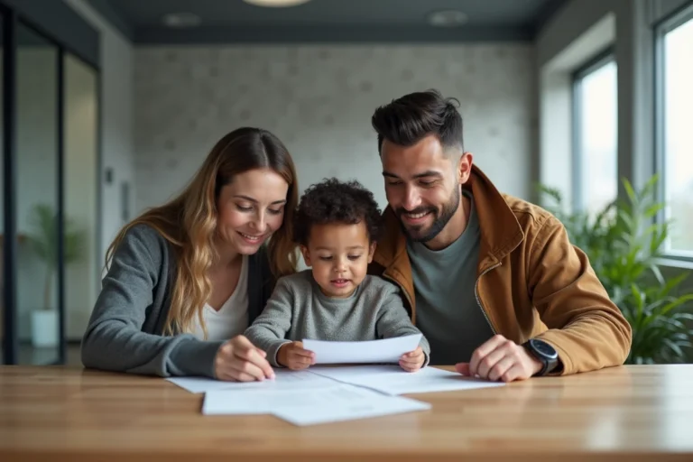 Famille multiculturelle examine documents immobiliers