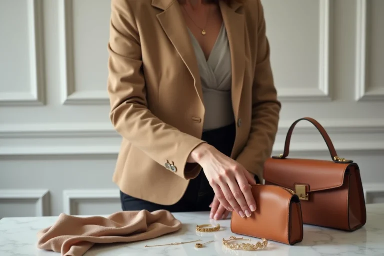Femme arrangeant des accessoires de mode tendance sur une console en marbre dans un appartement parisien minimaliste
