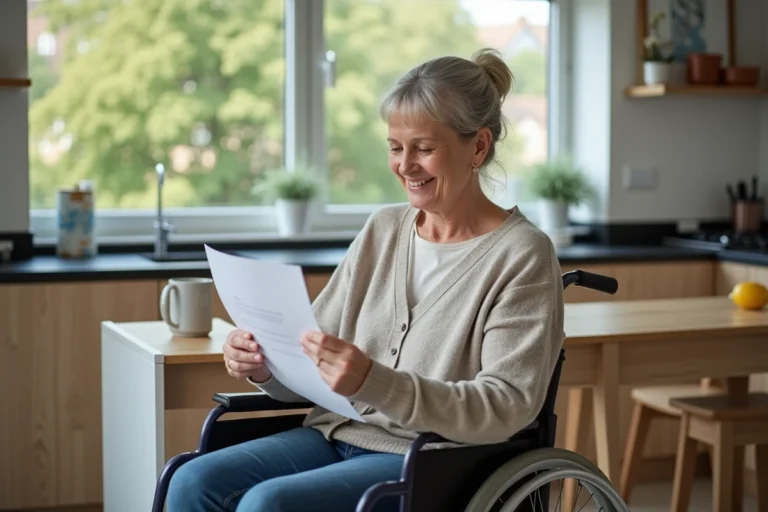 Femme en fauteuil lisant une brochure d'aide financière