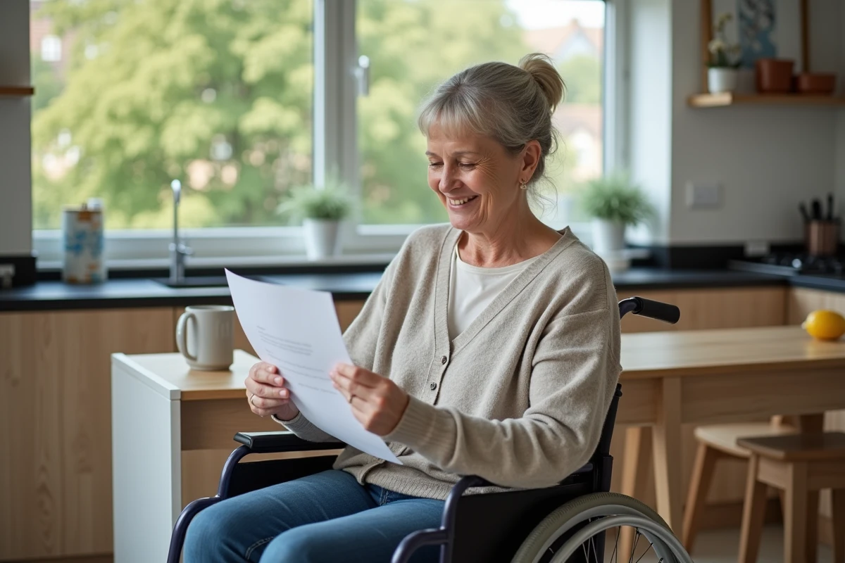 Femme en fauteuil lisant une brochure d'aide financière
