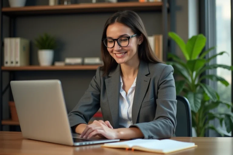 Femme confiante au bureau dans un espace coworking moderne