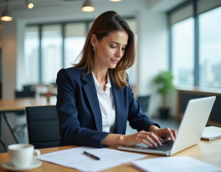 Femme professionnelle consultant son dossier CNAPS en ligne sur un ordinateur portable dans un bureau moderne