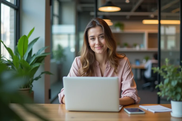 Femme en bureau moderne discutant stratégie digitale