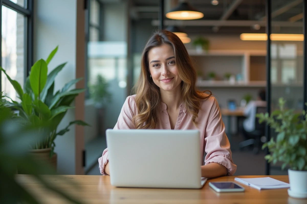 Femme en bureau moderne discutant stratégie digitale