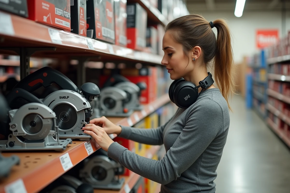 Femme comparant deux modèles de scie plongeante dans le rayon outillage d'une grande surface de bricolage