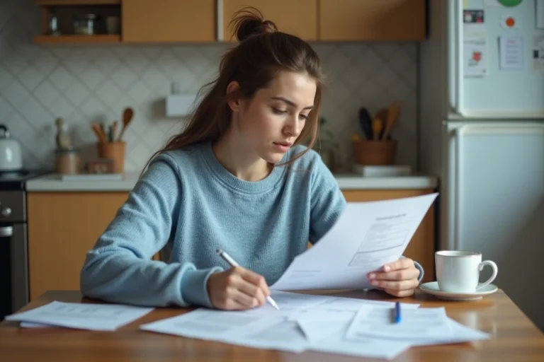 Jeune femme concentrée à remplir des formulaires dans sa cuisine