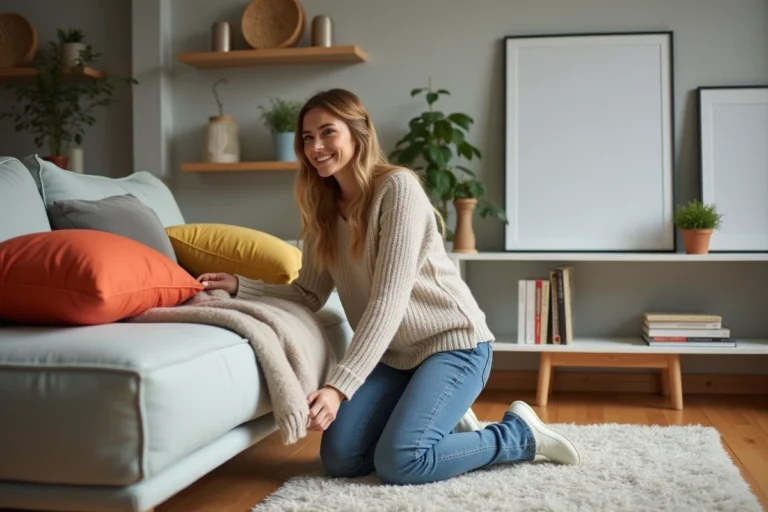 Femme arrangeant des coussins colorés sur un canapé moderne