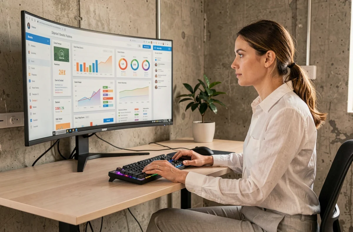Femme développeuse web analysant des tableaux de bord de tendances numériques sur un grand écran incurvé dans un bureau moderne
