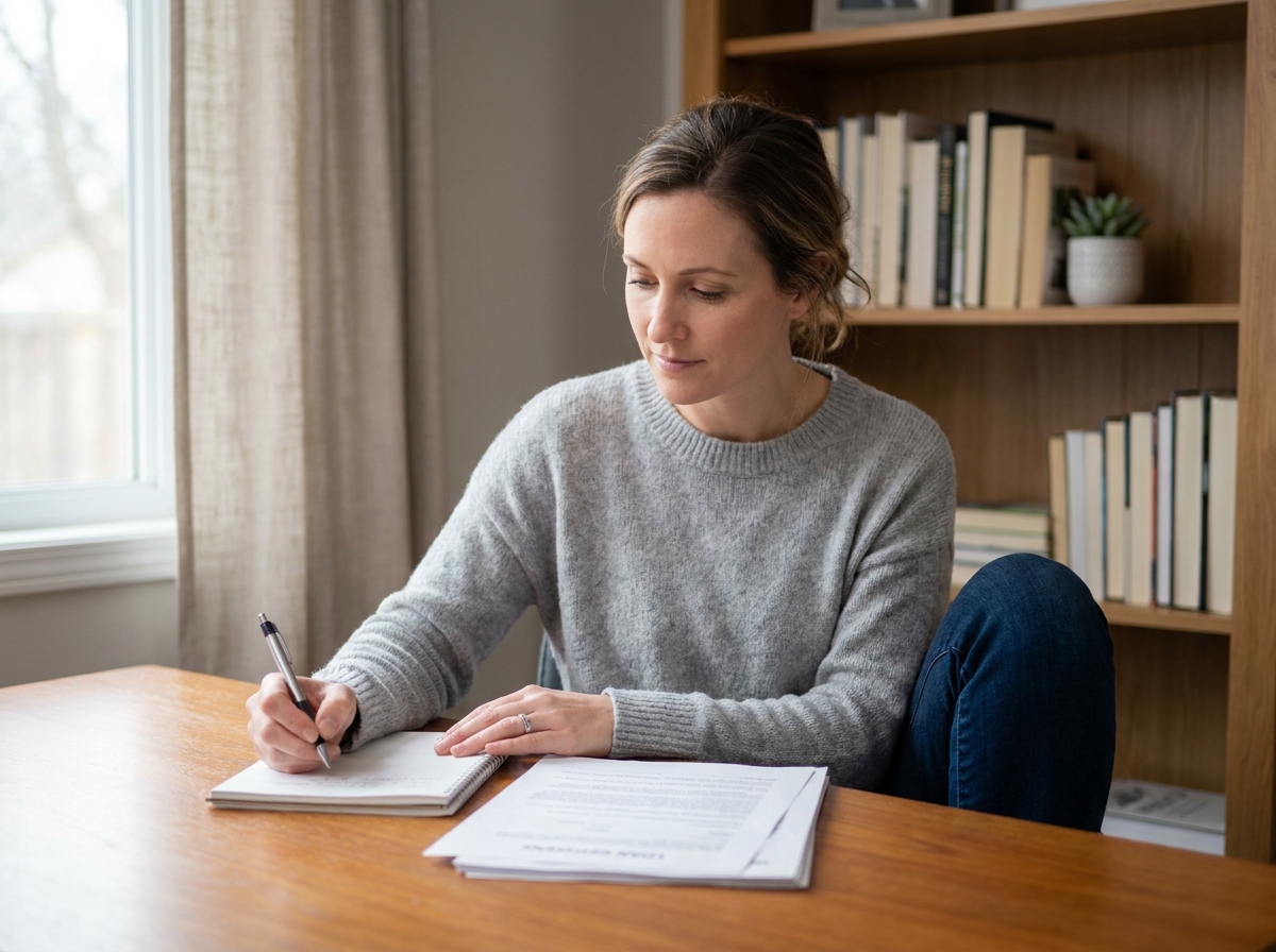 Femme concentrée qui examine ses contrats de prêts pour un regroupement de crédits à domicile