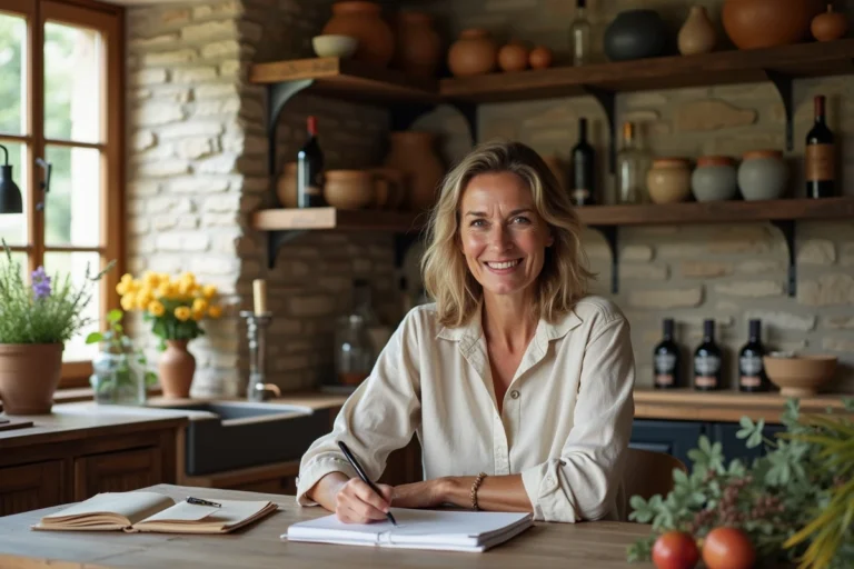 Femme écrivant dans un journal en cuisine rustique