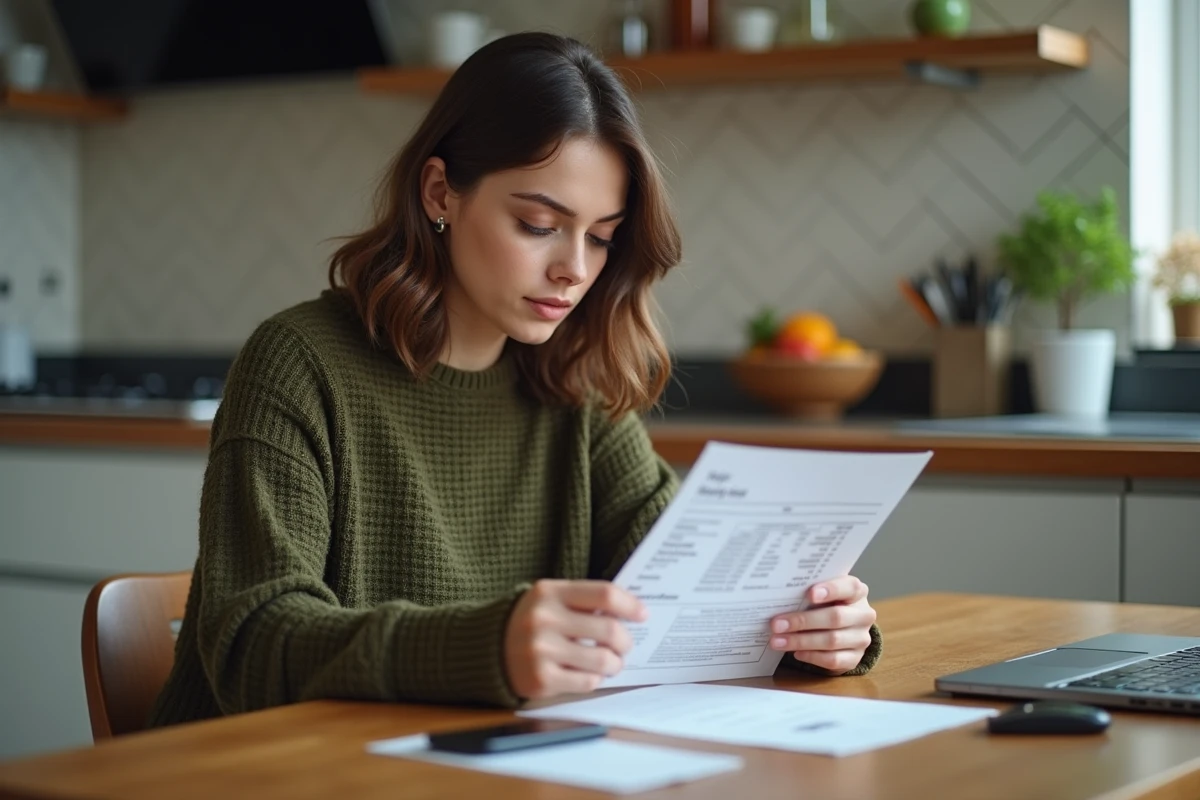 Femme regardant une facture de réparation auto à la maison