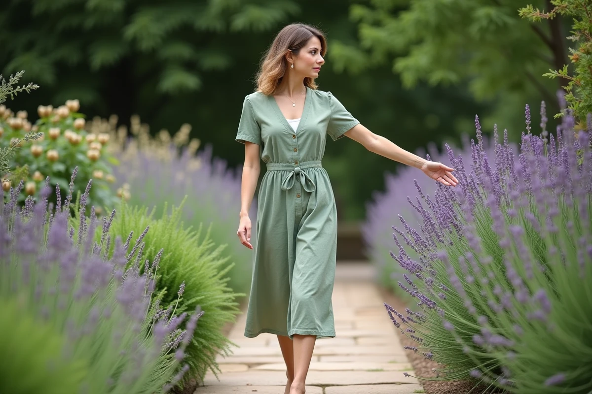 Femme marchant dans un jardin avec lavande en fleurs