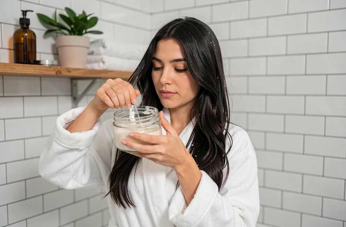 Femme aux longs cheveux sains appliquant un masque capillaire dans une salle de bain, illustrant les soins pour des cheveux en bonne santé