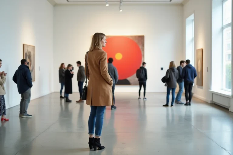 Femme élégante devant peinture abstraite dans galerie parisienne
