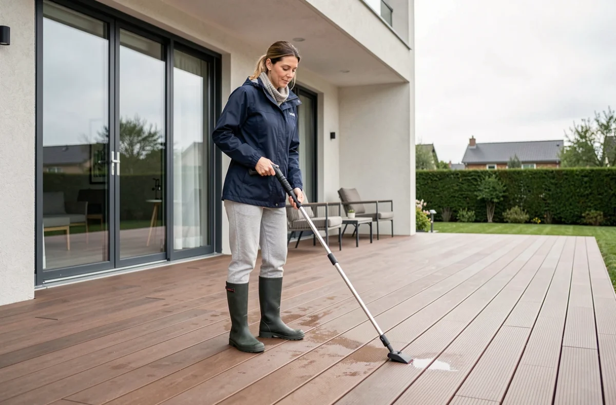 Femme nettoyant une grande terrasse en bois composite avec un nettoyeur haute pression devant une maison moderne