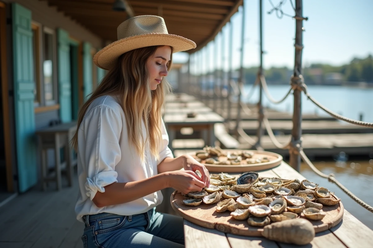 Jeune femme écaillant des huîtres au bord de l