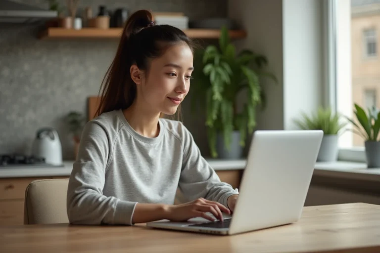 Jeune femme en athleisure naviguant sur un site de sport