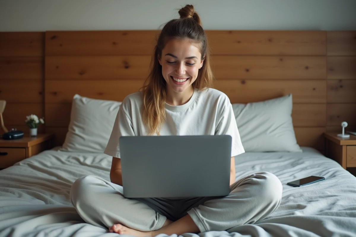 Jeune femme regardant un événement sportif en streaming sur son ordinateur portable dans sa chambre