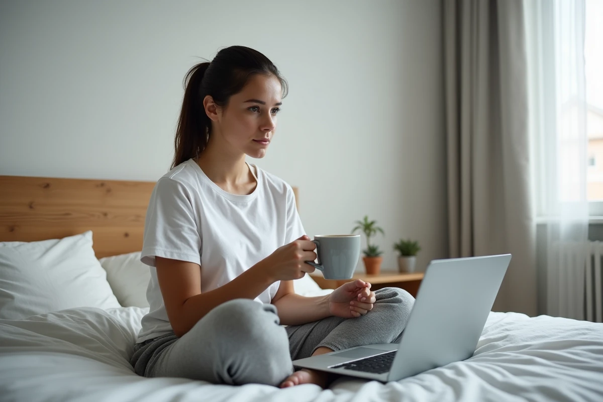 Femme regardant un streaming sportif sur son ordinateur portable depuis son lit