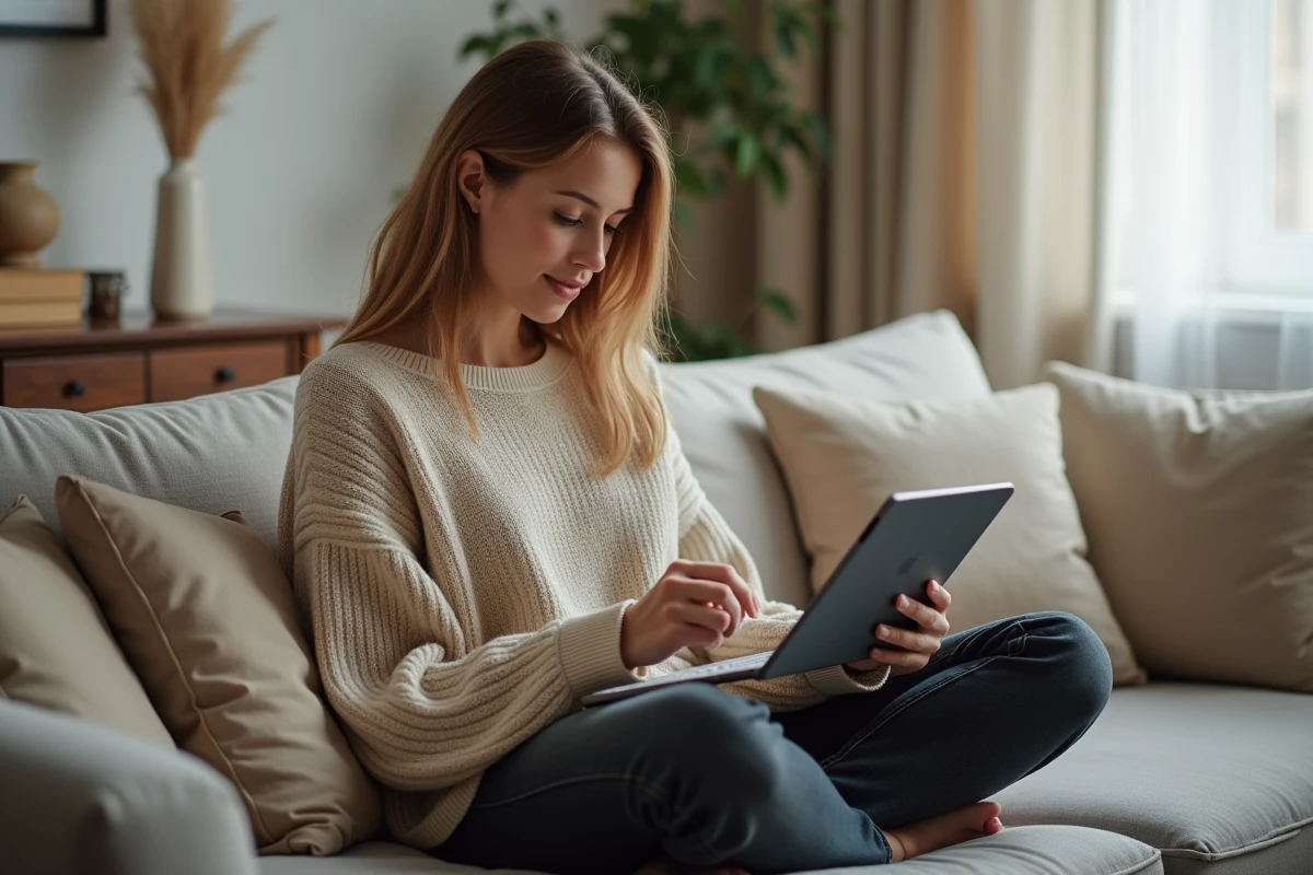Femme utilisant une tablette pour naviguer sur un site de téléchargement depuis son salon