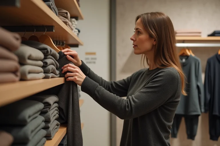 Femme regardant un pull thermique dans un magasin moderne